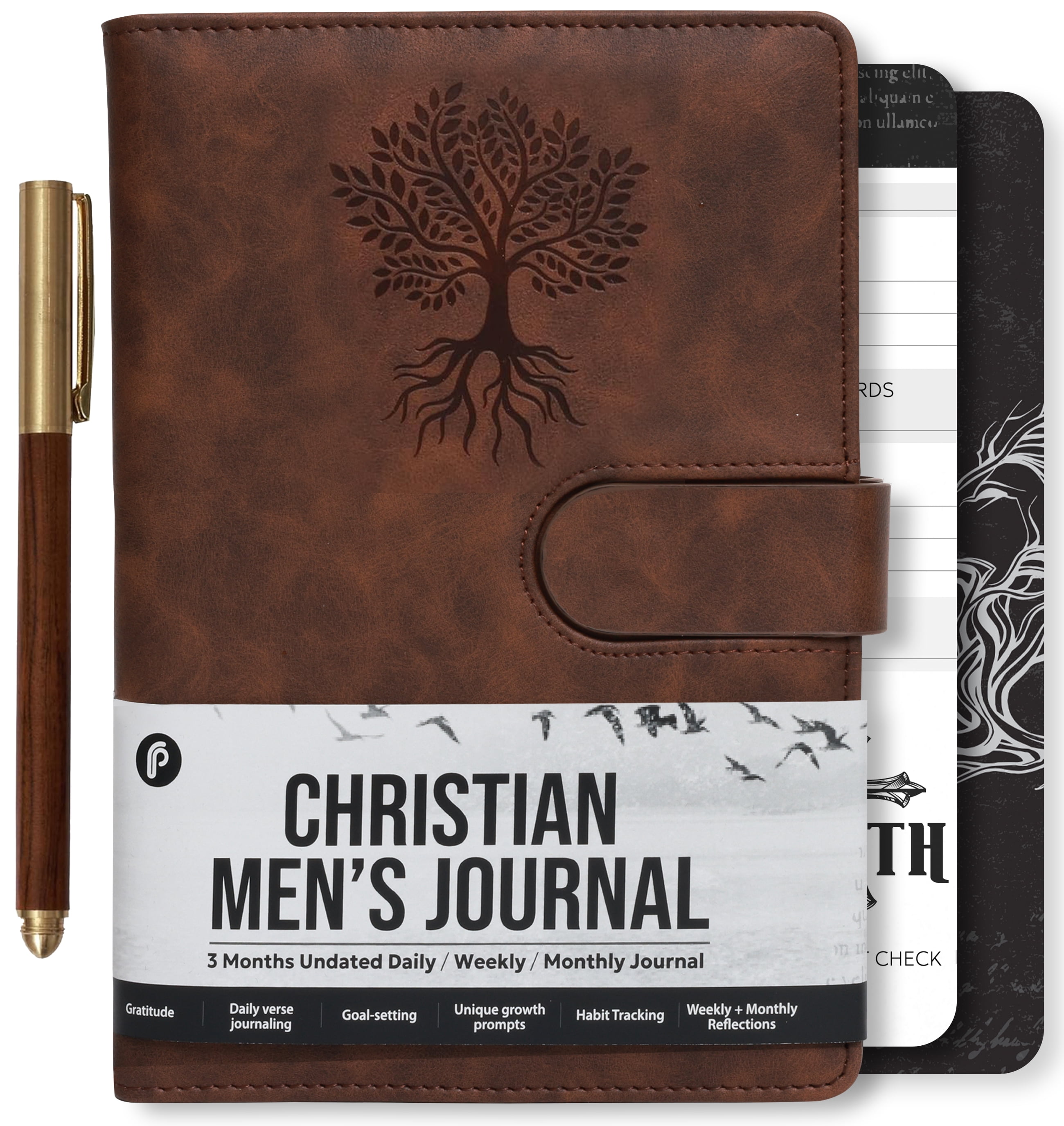 Leather Christian Bible Prayer Journal For Men - Study Scripture Notebook & Planner Undated Religious Daily Devotional, Tree of Life