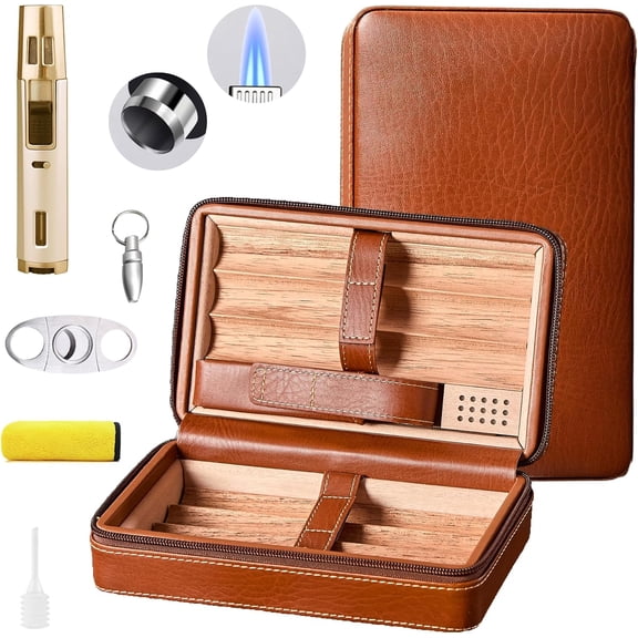 Leather Cigar Case, Travel Humidor Holds 7 Cigars, Brown Cedar Wood Box with Cigar Cutter, Humidifier, Lighter & Towel, Portable Cigar Holder for Men, Ideal for Home, Office & Travel Gift Set