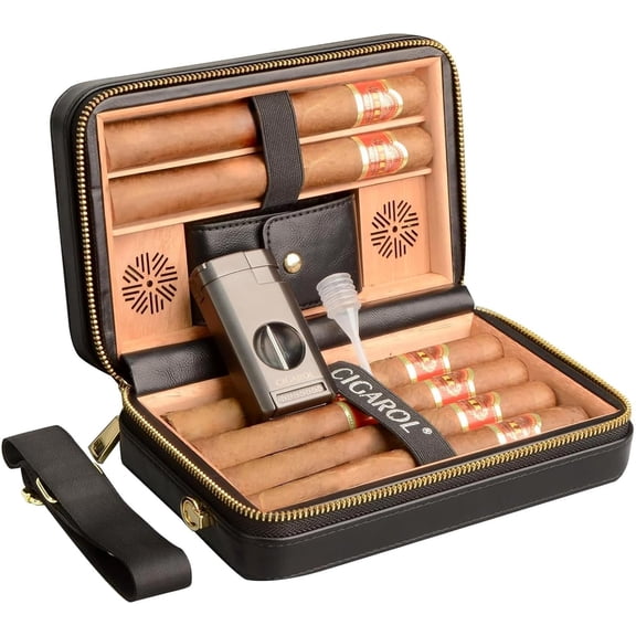 Leather Cigar Travel Humidor Case, Portable Cigar Humidor Box with Built-in Humidifier, Includes 3-in-1 Cigar Lighter Accessories, Holds 6 Cigars, Premium Travel Gift Set for Men (Black)