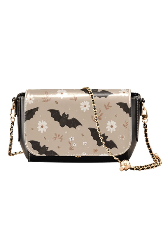Leather Clamshell Crossbody Bag 10.4x5.5x3.7Inch Women's Crossbody Handbags Shoulder Purse Bank Card Bag Cash Bag Key Bag Bats and White Flowers