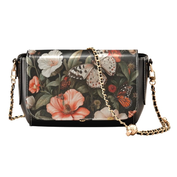 Leather Clamshell Crossbody Bag 10.4x5.5x3.7Inch Women's Crossbody Handbags Shoulder Purse Bank Card Bag Cash Bag Key Bag Big Butterflies and Flowers