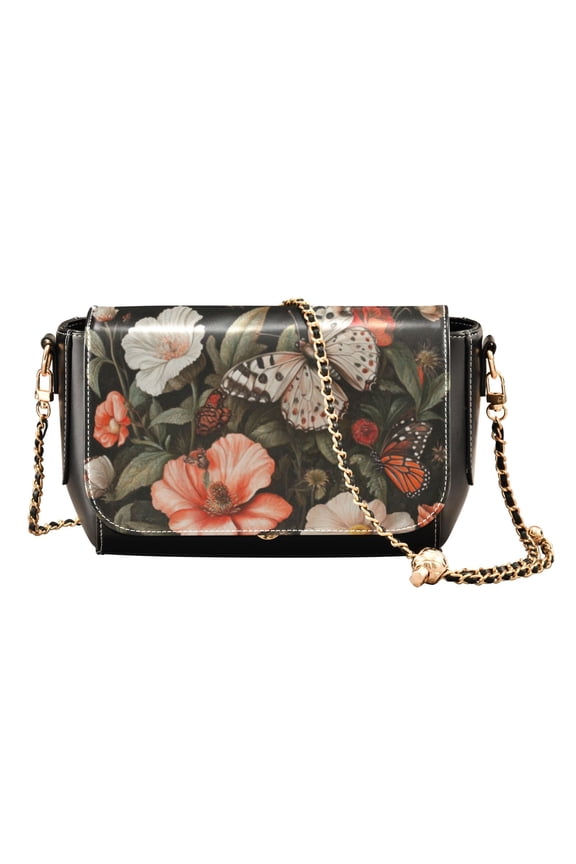 Leather Clamshell Crossbody Bag 10.4x5.5x3.7Inch Women's Crossbody Handbags Shoulder Purse Bank Card Bag Cash Bag Key Bag Big Butterflies and Flowers