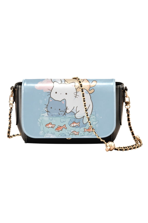 Leather Clamshell Crossbody Bag 10.4x5.5x3.7Inch Women's Crossbody Handbags Shoulder Purse Bank Card Bag Cash Bag Key Bag Cute Cat and Fish