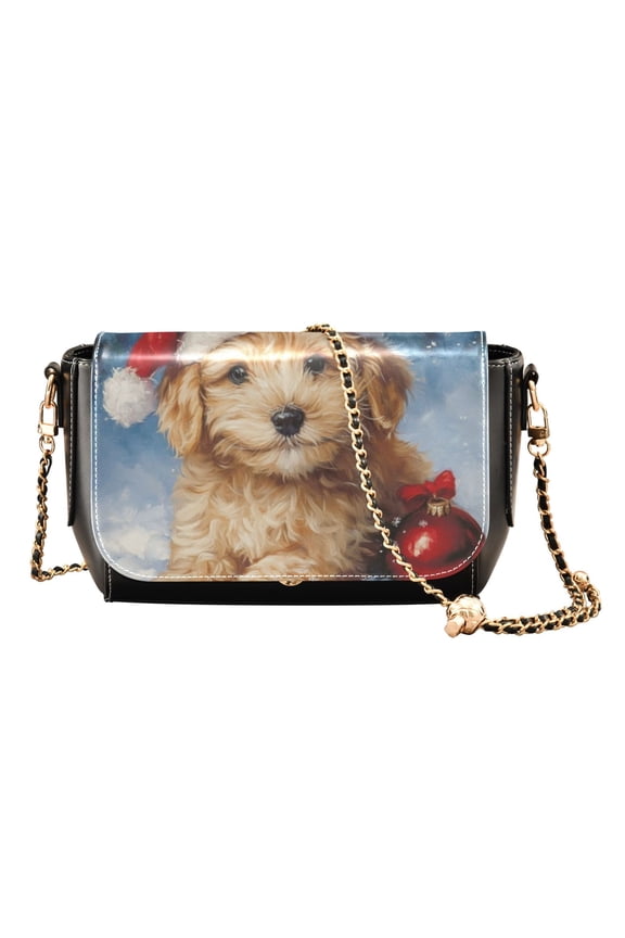 Leather Clamshell Crossbody Bag 10.4x5.5x3.7Inch Women's Crossbody Handbags Shoulder Purse Bank Card Bag Cash Bag Key Bag Golden Christmas Puppy