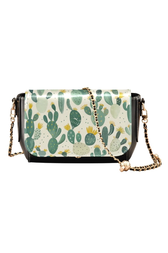 Leather Clamshell Crossbody Bag 10.4x5.5x3.7Inch Women's Crossbody Handbags Shoulder Purse Bank Card Bag Cash Bag Key Bag Green Cartoon Cactus