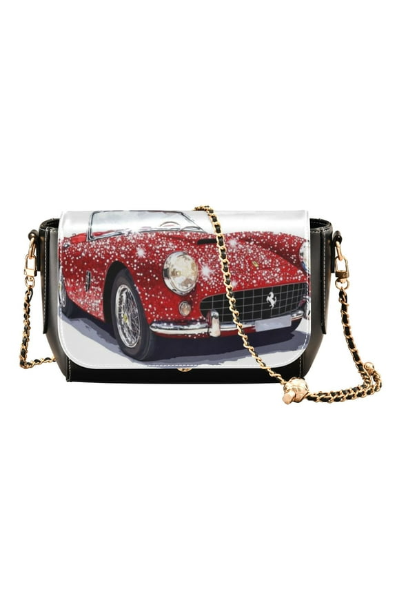 Leather Clamshell Crossbody Bag 10.4x5.5x3.7Inch Women's Crossbody Handbags Shoulder Purse Bank Card Bag Cash Bag Key Bag Red Glitter Ferrari