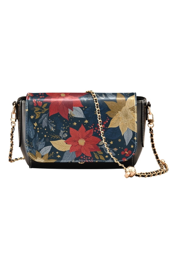 Leather Clamshell Crossbody Bag 10.4x5.5x3.7Inch Women's Crossbody Handbags Shoulder Purse Bank Card Bag Cash Bag Key Bag Romantic Beautiful Christmas Flowers