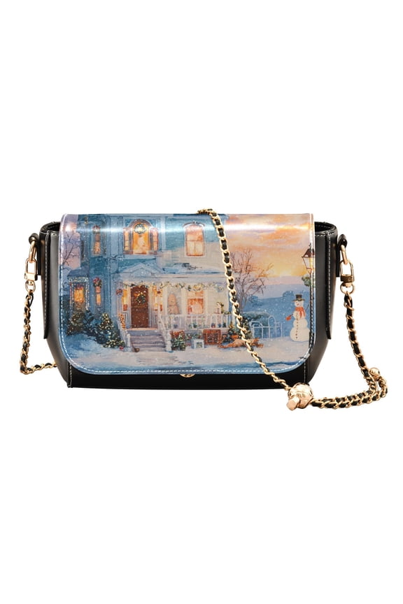 Leather Clamshell Crossbody Bag 10.4x5.5x3.7Inch Women's Crossbody Handbags Shoulder Purse Bank Card Bag Cash Bag Key Bag Snow Christmas House