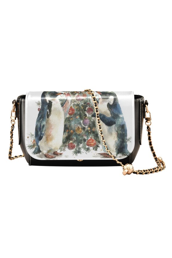 Leather Clamshell Crossbody Bag 10.4x5.5x3.7Inch Women's Crossbody Handbags Shoulder Purse Bank Card Bag Cash Bag Key Bag Two Christmas Penguins