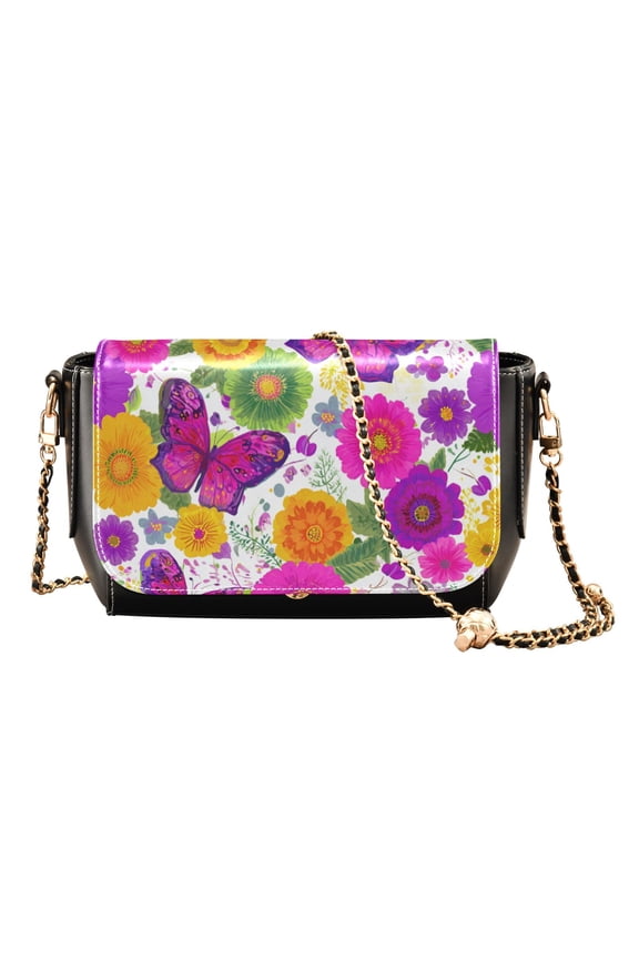 Leather Clamshell Crossbody Bag 10.4x5.5x3.7Inch Women's Crossbody Handbags Shoulder Purse Bank Card Bag Cash Bag Key Bag Vibrant Butterflies