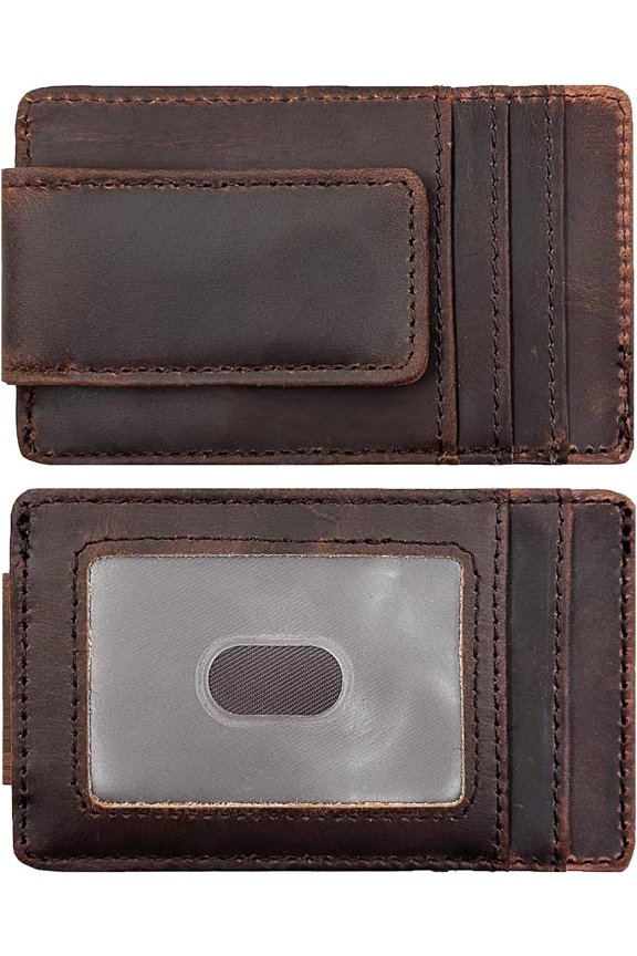 Leather Clip Front Pocket Wallets for Men RFID Blocking Slim Wallet (Small Crazyhorse Brown)