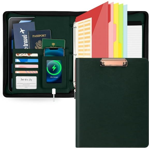 Leather Clipboard with Storage, Zippered Padfolio Portfolio Organizer, 3 Ring Binder 1 Inch, Notepad, Tablet Sleeve, 5 Dividers with Pocket for Office, ,Students, Teachers Green