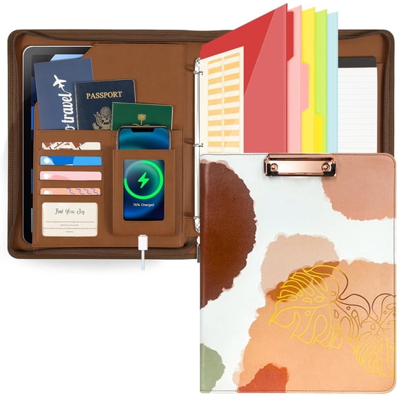 Leather Clipboard with Storage, Zippered Padfolio Portfolio Organizer, 3 Ring Binder 1 Inch, Notepad, Tablet Sleeve, 5 Dividers with Pocket for Office, Students, Teachers Abstract Brown