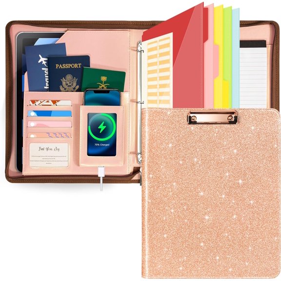 Leather Clipboard with Storage, Zippered Padfolio Portfolio Organizer, 3 Ring Binder 1 Inch, Notepad, Tablet Sleeve, 5 Dividers with Pocket, Stickets for Office, , Students, Teachers Rose