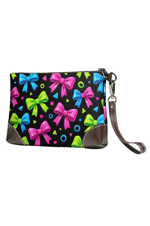 Leather Clutch 8 X 5. 5 In Wrist Strap And Hand Bag Easy To Carry Lightweight Waterproof And Durable Bold Neon Contemporary Ribbon Bow Pattern