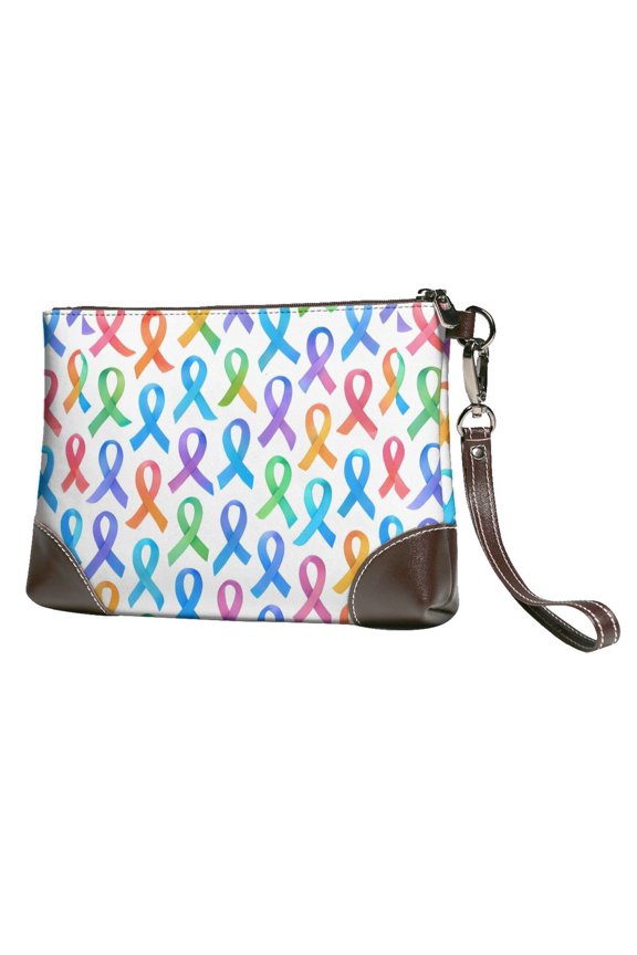 Leather Clutch 8 X 5. 5 In Wrist Strap And Hand Bag Easy To Carry Lightweight Waterproof And Durable Cancer Awareness Ribbon Pattern - Ombr Flow