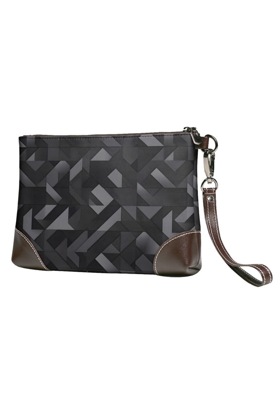 Leather Clutch 8 X 5. 5 In Wrist Strap And Hand Bag Easy To Carry Lightweight Waterproof And Durable Dark Gray Geometric Patterns_1 (3)