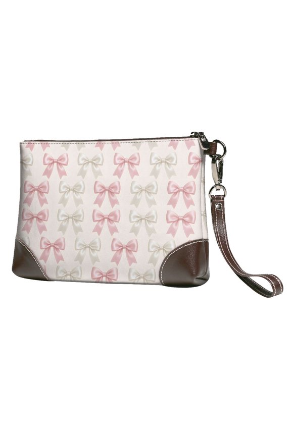Leather Clutch 8 X 5. 5 In Wrist Strap And Hand Bag Easy To Carry Lightweight Waterproof And Durable Elegant Pastel Satin Ribbon Bow Pattern