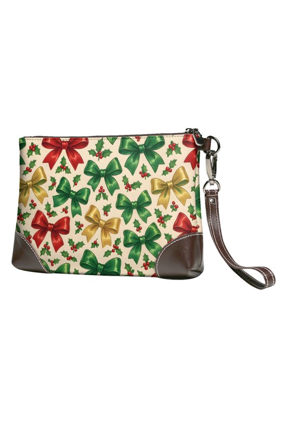 Leather Clutch 8 X 5. 5 In Wrist Strap And Hand Bag Easy To Carry Lightweight Waterproof And Durable Festive Holiday Ribbon Bow Pattern