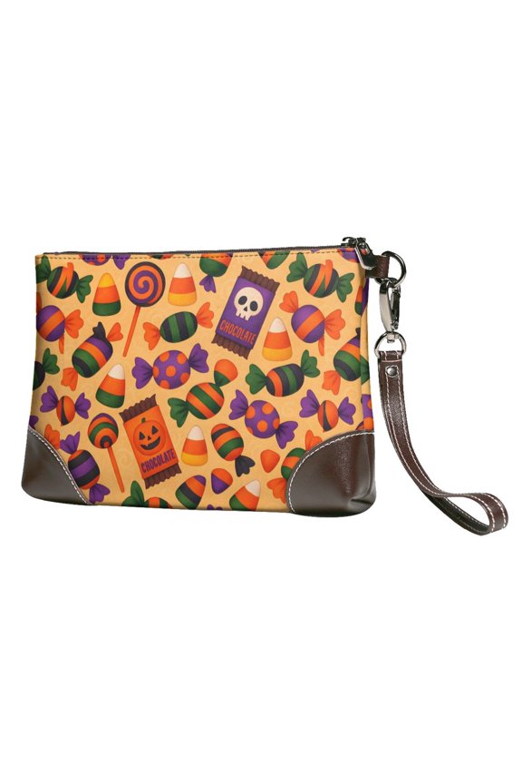 Leather Clutch 8 X 5. 5 In Wrist Strap And Hand Bag Easy To Carry Lightweight Waterproof And Durable Halloween Candy Pattern