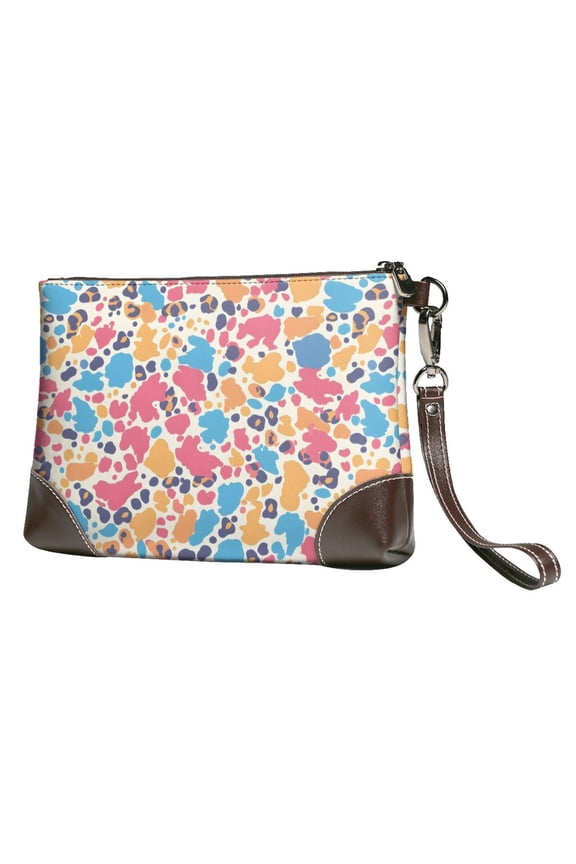 Leather Clutch 8 X 5. 5 In Wrist Strap And Hand Bag Easy To Carry Lightweight Waterproof And Durable Leopard Print Pattern Rainbow_3