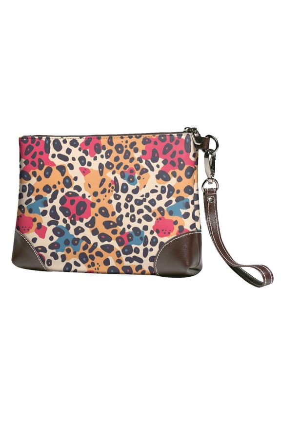 Leather Clutch 8 X 5. 5 In Wrist Strap And Hand Bag Easy To Carry Lightweight Waterproof And Durable Leopard Print Pattern Rainbow_4