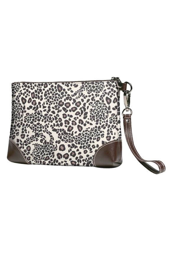 Leather Clutch 8 X 5. 5 In Wrist Strap And Hand Bag Easy To Carry Lightweight Waterproof And Durable Leopard Print Pattern White And Black_1