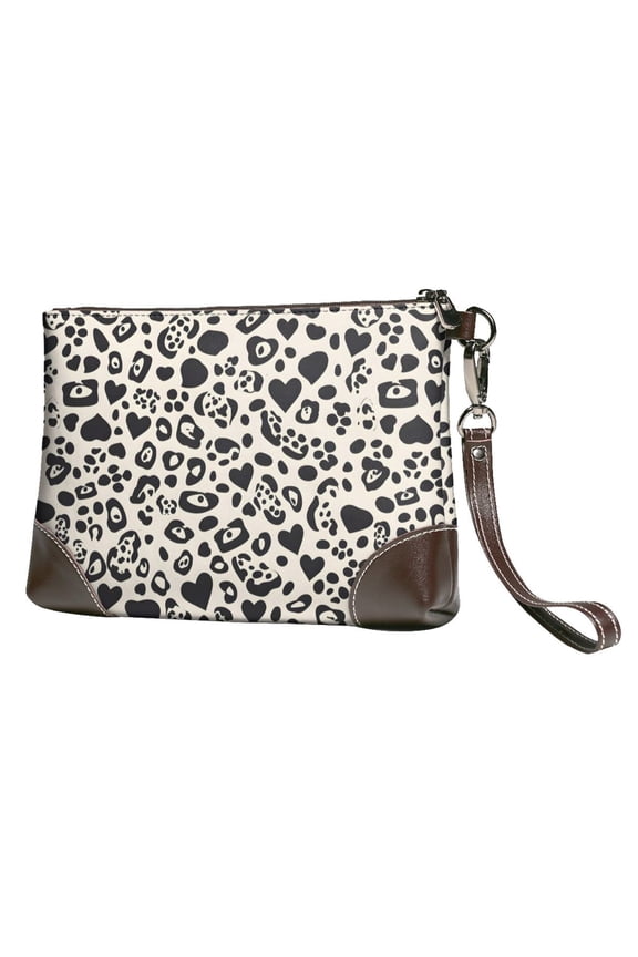 Leather Clutch 8 X 5. 5 In Wrist Strap And Hand Bag Easy To Carry Lightweight Waterproof And Durable Leopard Print Pattern White And Black_2