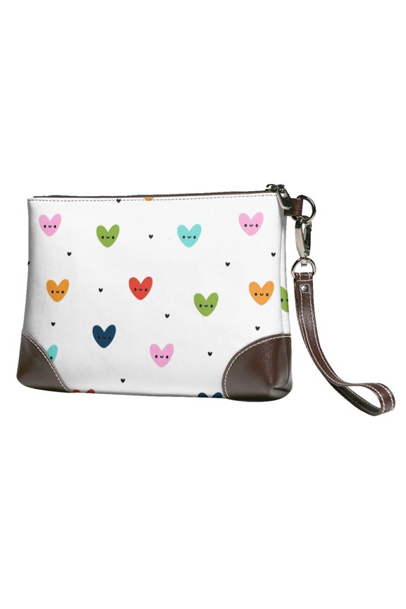 Leather Clutch 8 X 5. 5 In Wrist Strap And Hand Bag Easy To Carry Lightweight Waterproof And Durable Multicolored Heart-Shaped Cute Expression