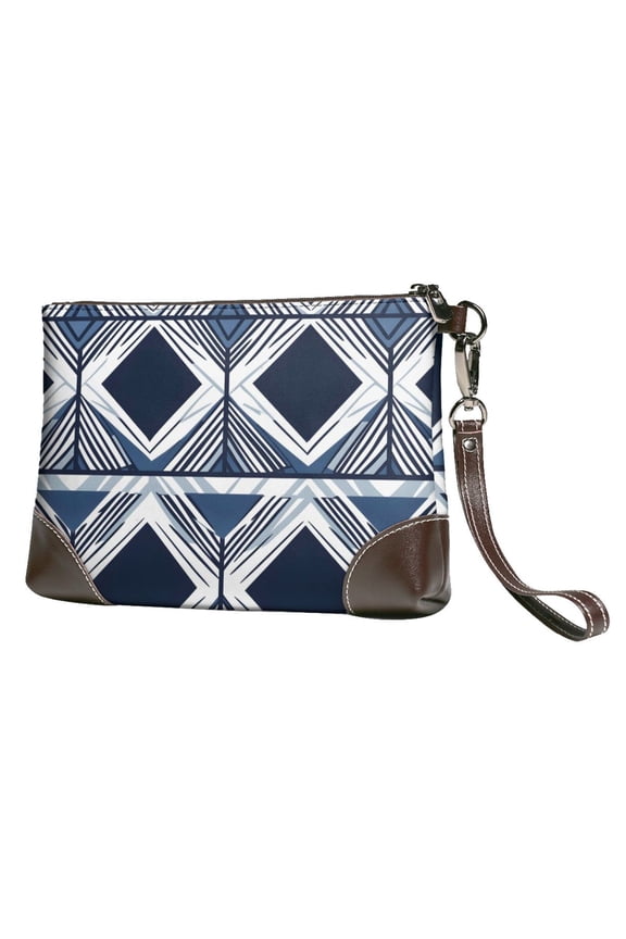 Leather Clutch 8 X 5. 5 In Wrist Strap And Hand Bag Easy To Carry Lightweight Waterproof And Durable Navy Geometric Patterns_1
