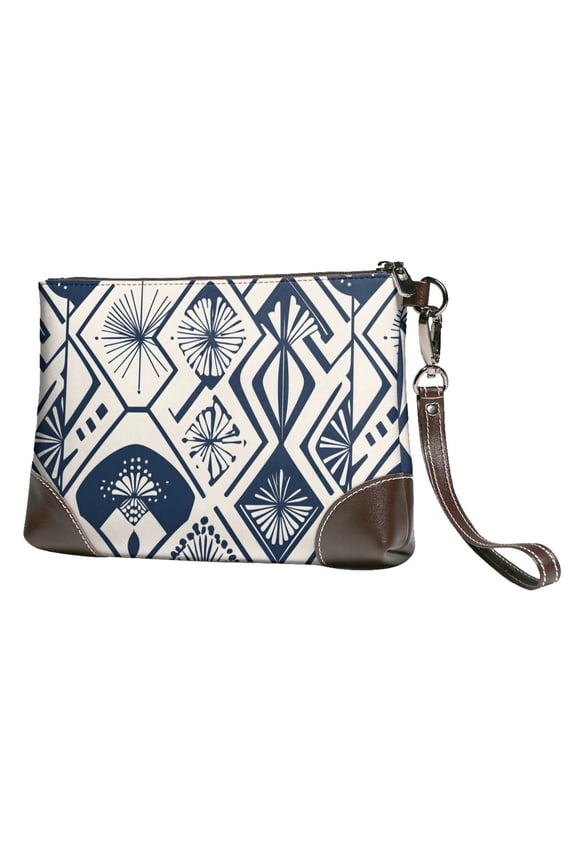 Leather Clutch 8 X 5. 5 In Wrist Strap And Hand Bag Easy To Carry Lightweight Waterproof And Durable Navy Geometric Patterns_2