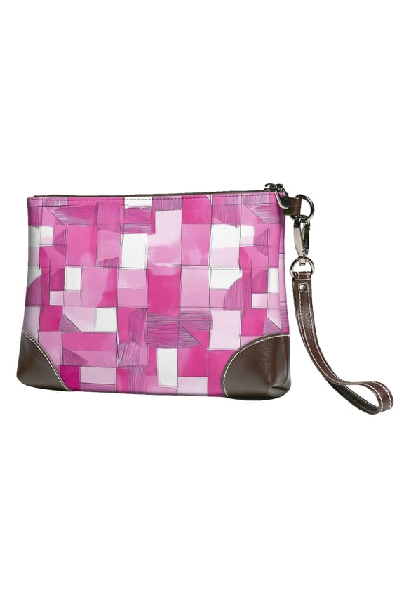 Leather Clutch 8 X 5. 5 In Wrist Strap And Hand Bag Easy To Carry Lightweight Waterproof And Durable Pink Abstract Houndstooth Hand-Drawn Sketch_2