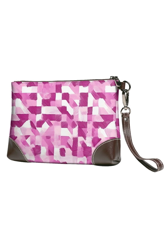 Leather Clutch 8 X 5. 5 In Wrist Strap And Hand Bag Easy To Carry Lightweight Waterproof And Durable Pink Abstract Houndstooth Hand-Drawn Sketch_3