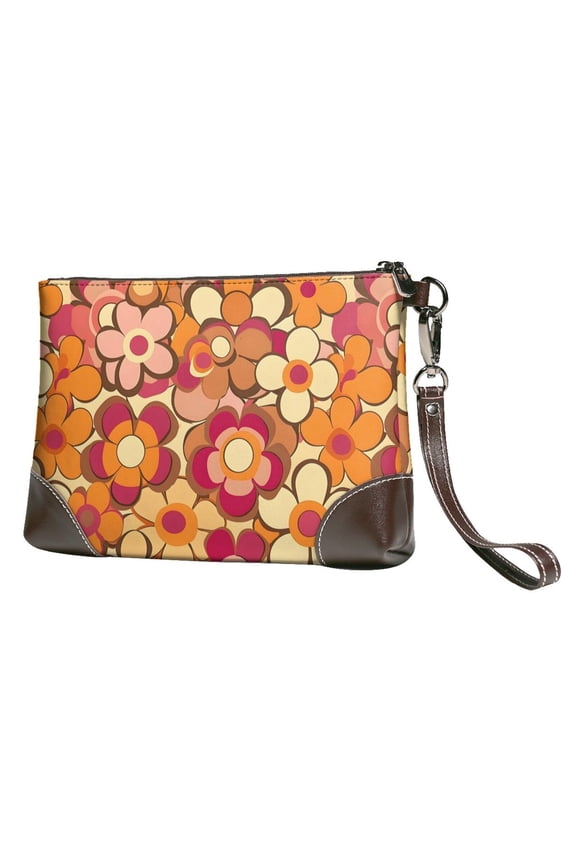 Leather Clutch 8 X 5. 5 In Wrist Strap And Hand Bag Easy To Carry Lightweight Waterproof And Durable Retro Groovy Flowers Pattern (13)