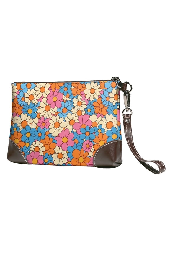 Leather Clutch 8 X 5. 5 In Wrist Strap And Hand Bag Easy To Carry Lightweight Waterproof And Durable Retro Groovy Flowers Pattern (5)