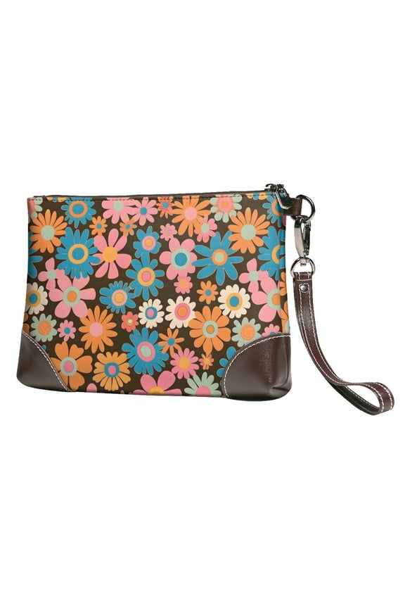 Leather Clutch 8 X 5. 5 In Wrist Strap And Hand Bag Easy To Carry Lightweight Waterproof And Durable Retro Groovy Flowers Pattern (6)
