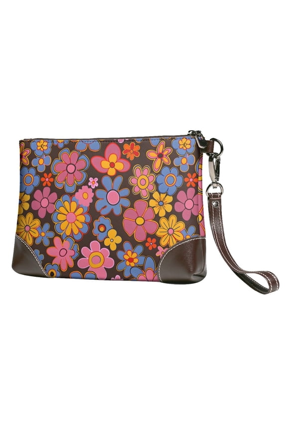 Leather Clutch 8 X 5. 5 In Wrist Strap And Hand Bag Easy To Carry Lightweight Waterproof And Durable Retro Groovy Flowers Pattern (7)