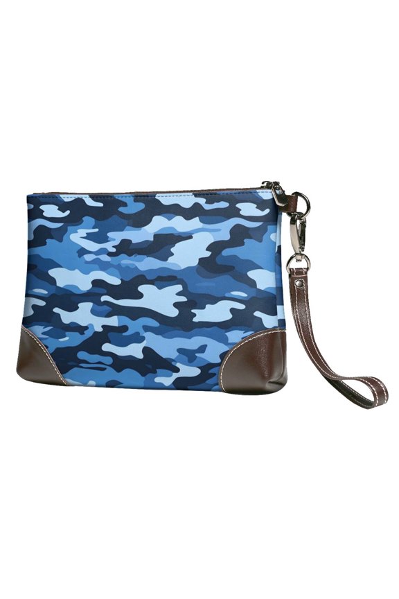Leather Clutch 8 X 5. 5 In Wrist Strap And Hand Bag Easy To Carry Lightweight Waterproof And Durable Vector Camouflage Pattern Blue_1