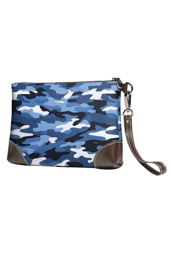 Leather Clutch 8 X 5. 5 In Wrist Strap And Hand Bag Easy To Carry Lightweight Waterproof And Durable Vector Camouflage Pattern Blue_2
