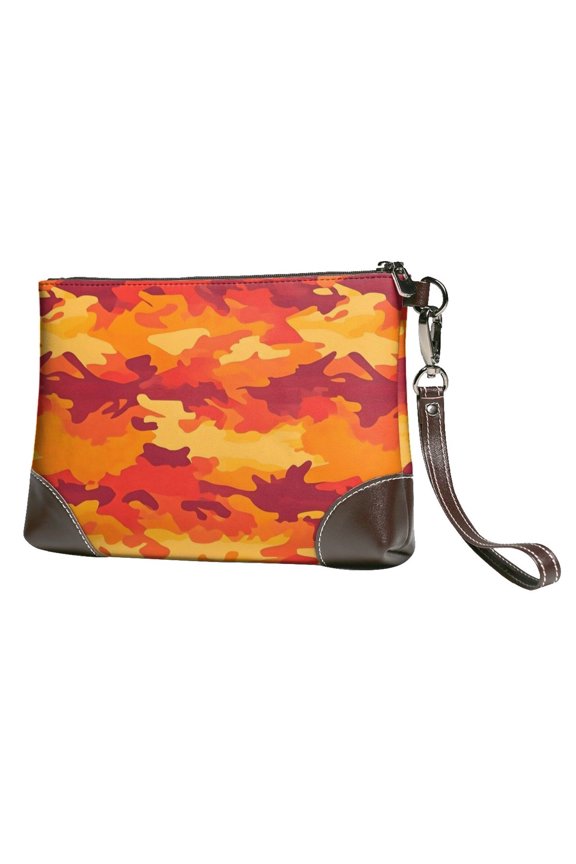 Leather Clutch 8 X 5. 5 In Wrist Strap And Hand Bag Easy To Carry Lightweight Waterproof And Durable Vector Camouflage Pattern Orange Red_4