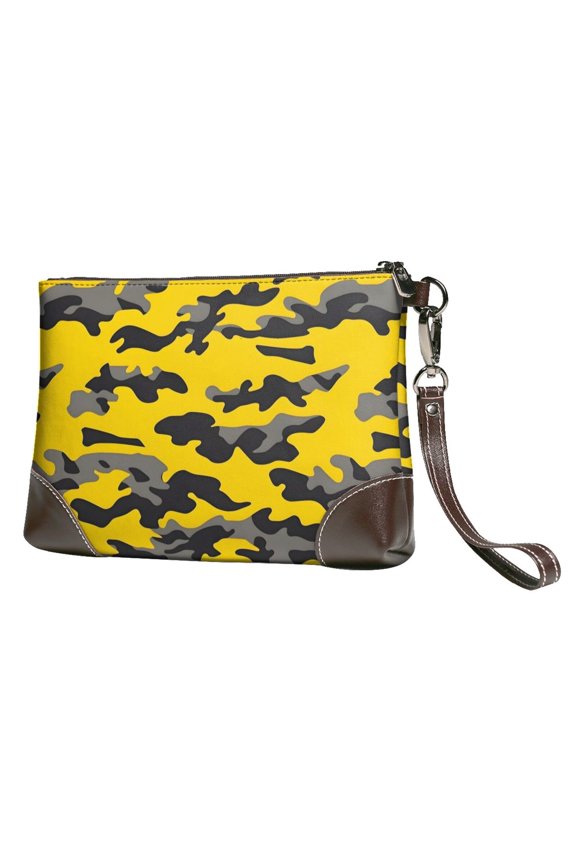 Leather Clutch 8 X 5. 5 In Wrist Strap And Hand Bag Easy To Carry Lightweight Waterproof And Durable Vector Camouflage Pattern Yellow_1