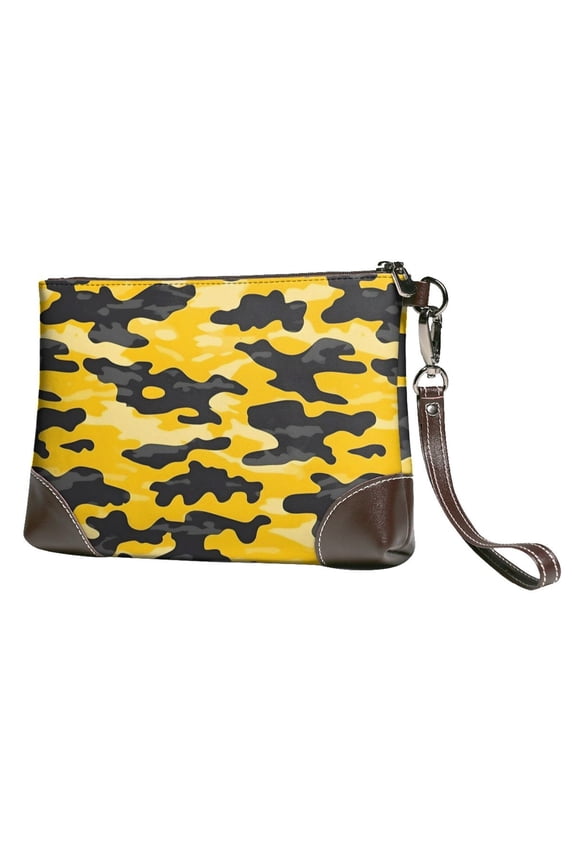 Leather Clutch 8 X 5. 5 In Wrist Strap And Hand Bag Easy To Carry Lightweight Waterproof And Durable Vector Camouflage Pattern Yellow_3