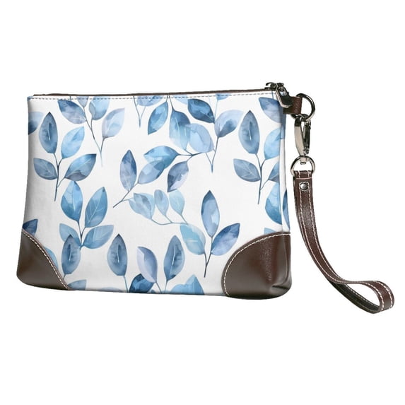 Leather Clutch 8 X 5. 5 In Wrist Strap And Hand Bag Easy To Carry Lightweight Waterproof And Durable Watercolor Light Blue Leaves