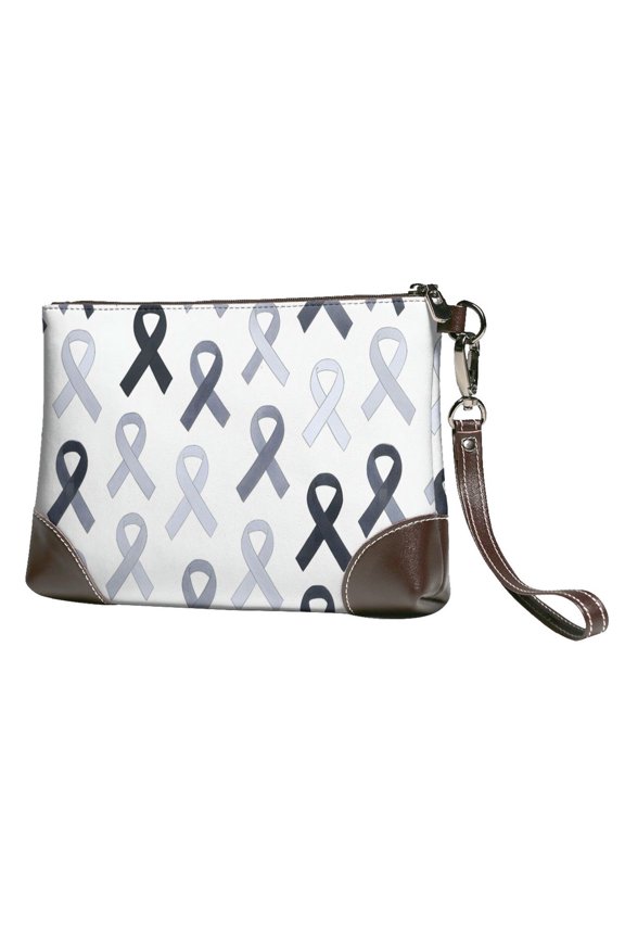 Leather Clutch 8 X 5. 5 In Wrist Strap And Hand Bag Easy To Carry Lightweight Waterproof And Durable Cancer Awareness Ribbon Pattern - Grayscale Modern
