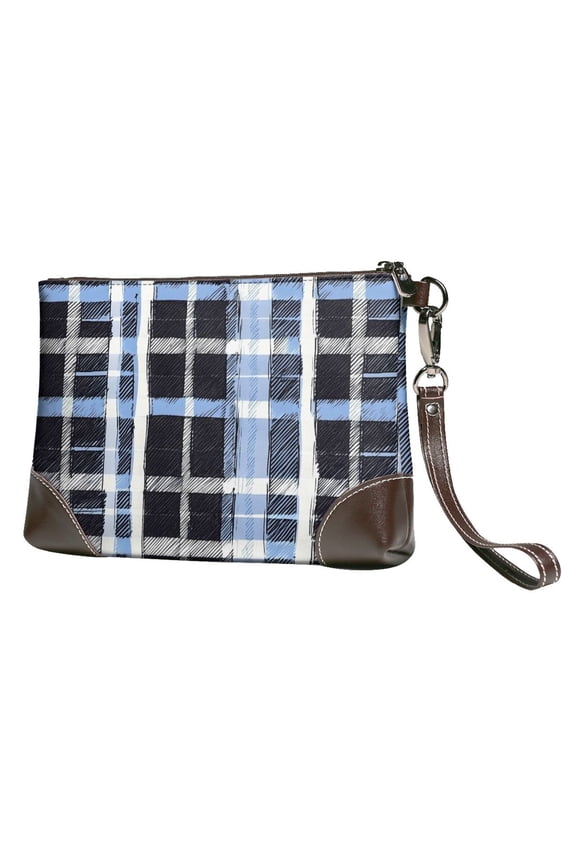 Leather Clutch 8 X 5. 5 In Wrist Strap And Hand Bag Easy To Carry Lightweight Waterproof And Durable Mediumblue Houndstooth Buffalo Plaid Tartan Check Scotland Hand-Drawn Sketch_3