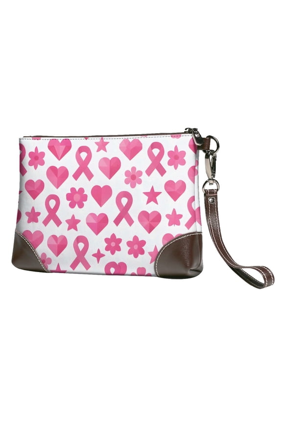 Leather Clutch 8 X 5. 5 In Wrist Strap And Hand Bag Easy To Carry Lightweight Waterproof And Durable Modern Pink Ribbon Pattern With Geometric Elements