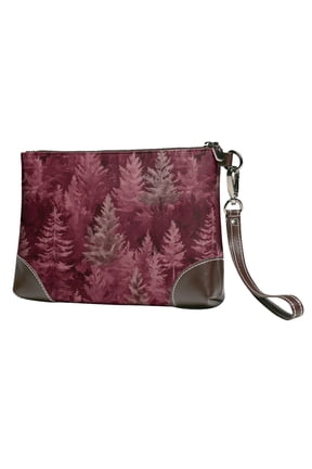 Leather Clutch 8 X 5. 5 In Wrist Strap And Hand Bag Easy To Carry Lightweight Waterproof And Durable Realistic Forests Camouflage Pattern Conifer Maroon_2