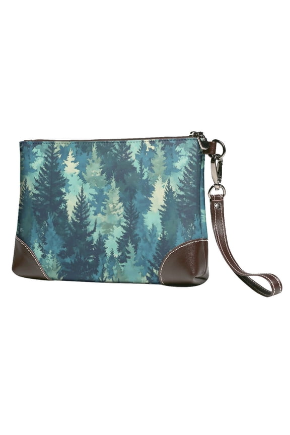 Leather Clutch 8 X 5. 5 In Wrist Strap And Hand Bag Easy To Carry Lightweight Waterproof And Durable Realistic Forests Camouflage Pattern Conifer Paleturquoise_1