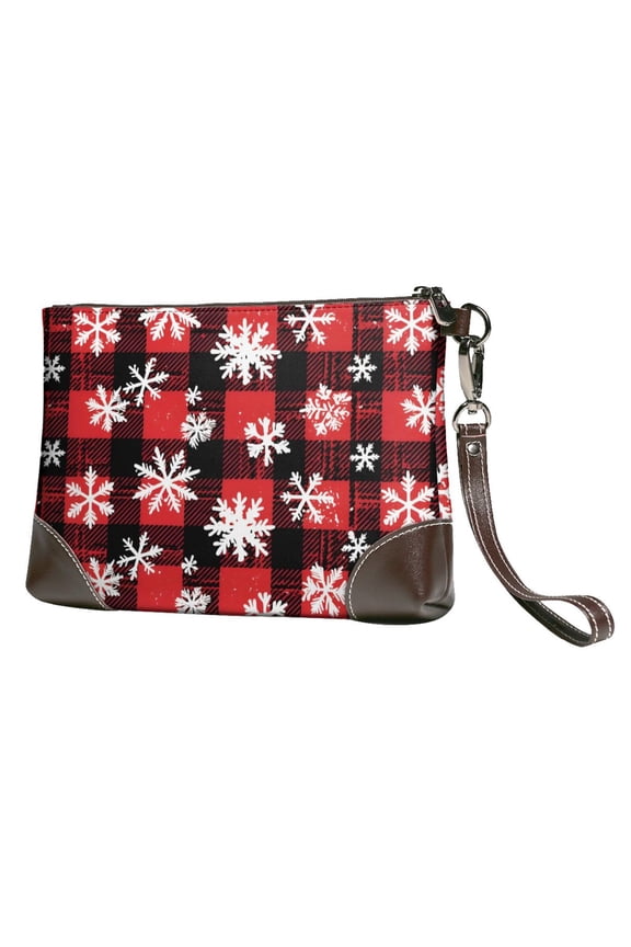 Leather Clutch 8 X 5. 5 In Wrist Strap And Hand Bag Easy To Carry Lightweight Waterproof And Durable Snowflakes On The Red And Black Checkered Pattern (2)