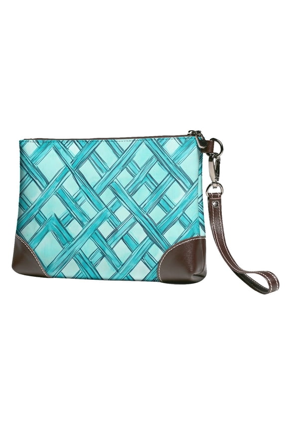 Leather Clutch 8 X 5. 5 In Wrist Strap And Hand Bag Easy To Carry Lightweight Waterproof And Durable Turquoise Moroccan Trellis Hand-Drawn Sketch_62922_2